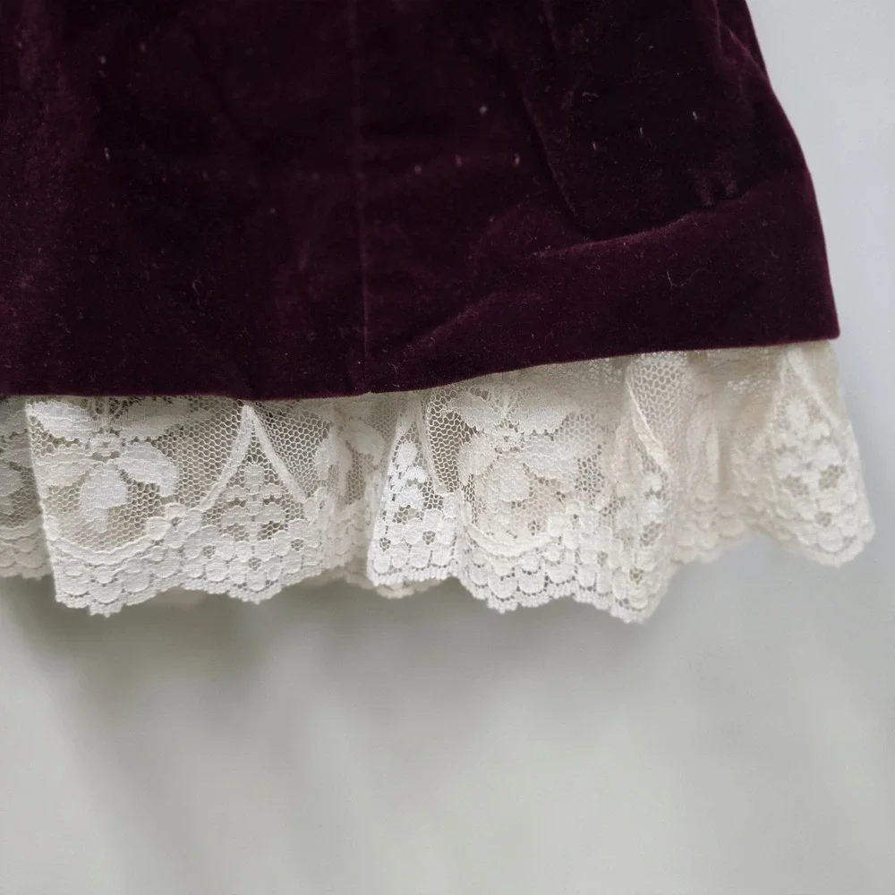 Vintage Sarah Kent Victorian Maroon Ivory Velvet Dress Lace‎ Girls Size 6 Bow